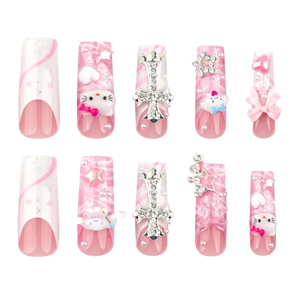24pcs Light Pink Bowknots Press On Nails Y2k French Style Long Coffin False Nails With Cute Cartoon Metal Star Press On Nail
