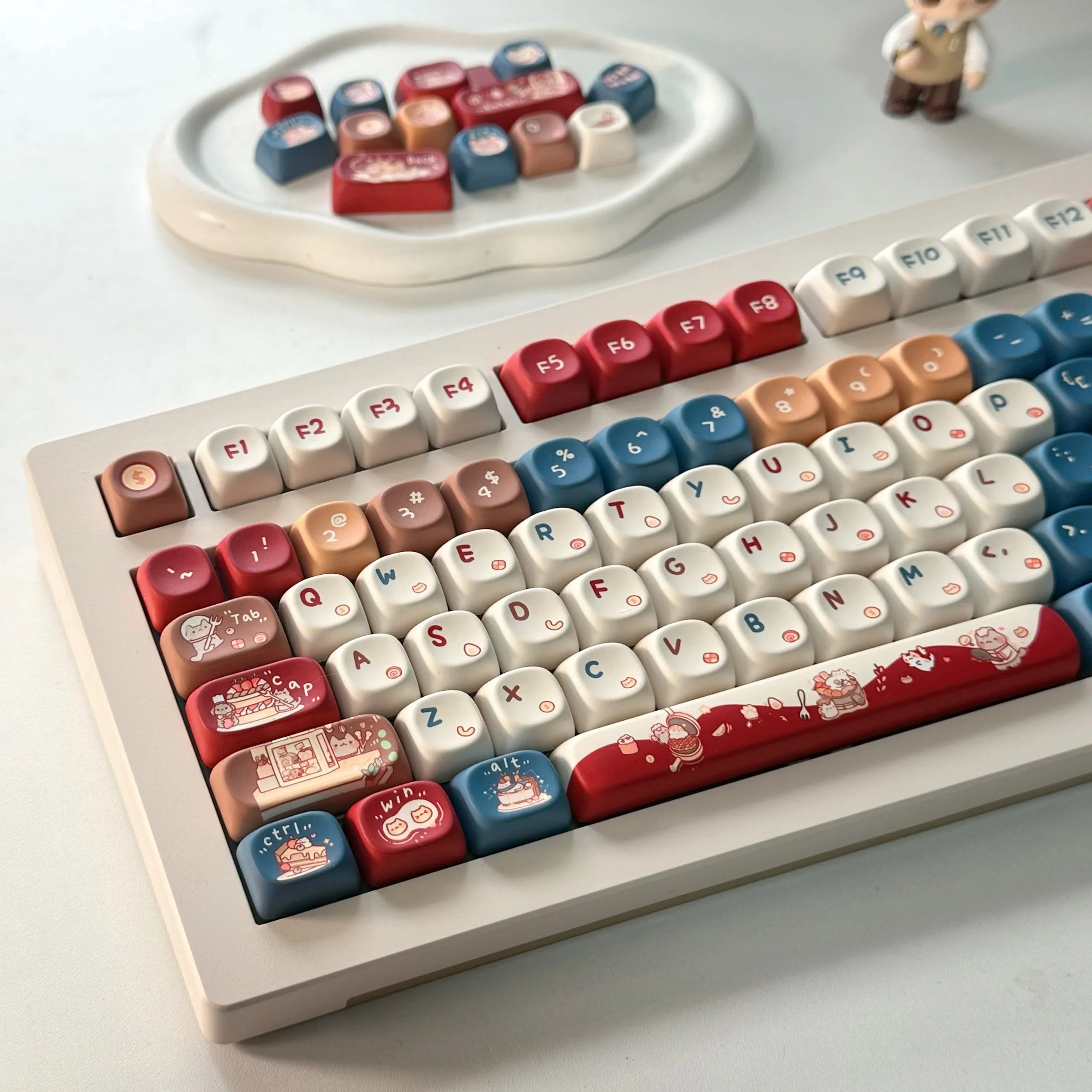 Meow Chef Keycap Set PBT Sublimation Cat Kitchen Cute Keycaps 131 Keys MOA Profile Red Blue Key Caps for DIY Mechanical Keyboard