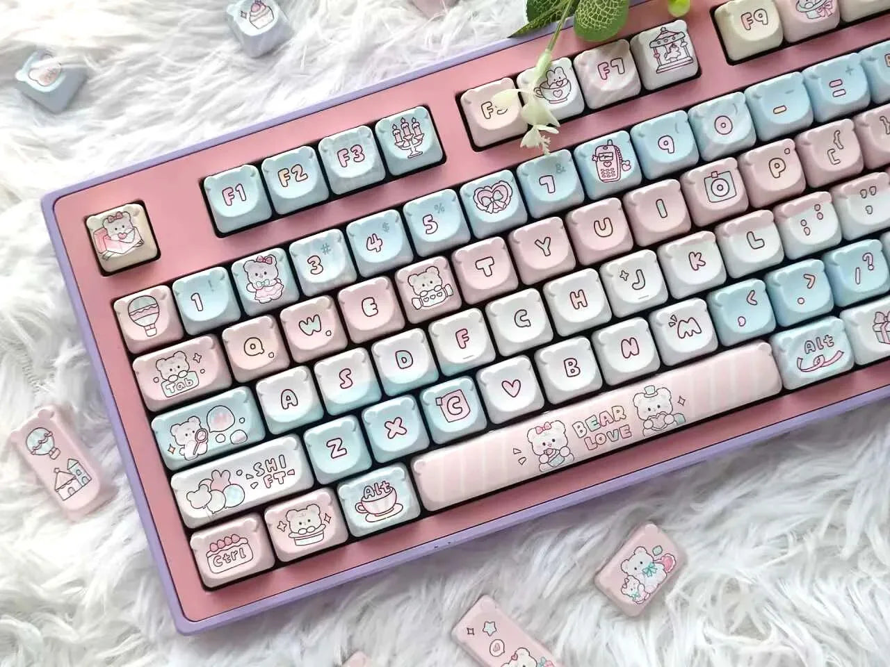 Cute Kawaii Bear Keycap EAO Pink Purple Expression Pbt For Diy Mechanical Keyboard Side Engraved Iso/Ansi Layout Cute Cat Keycap