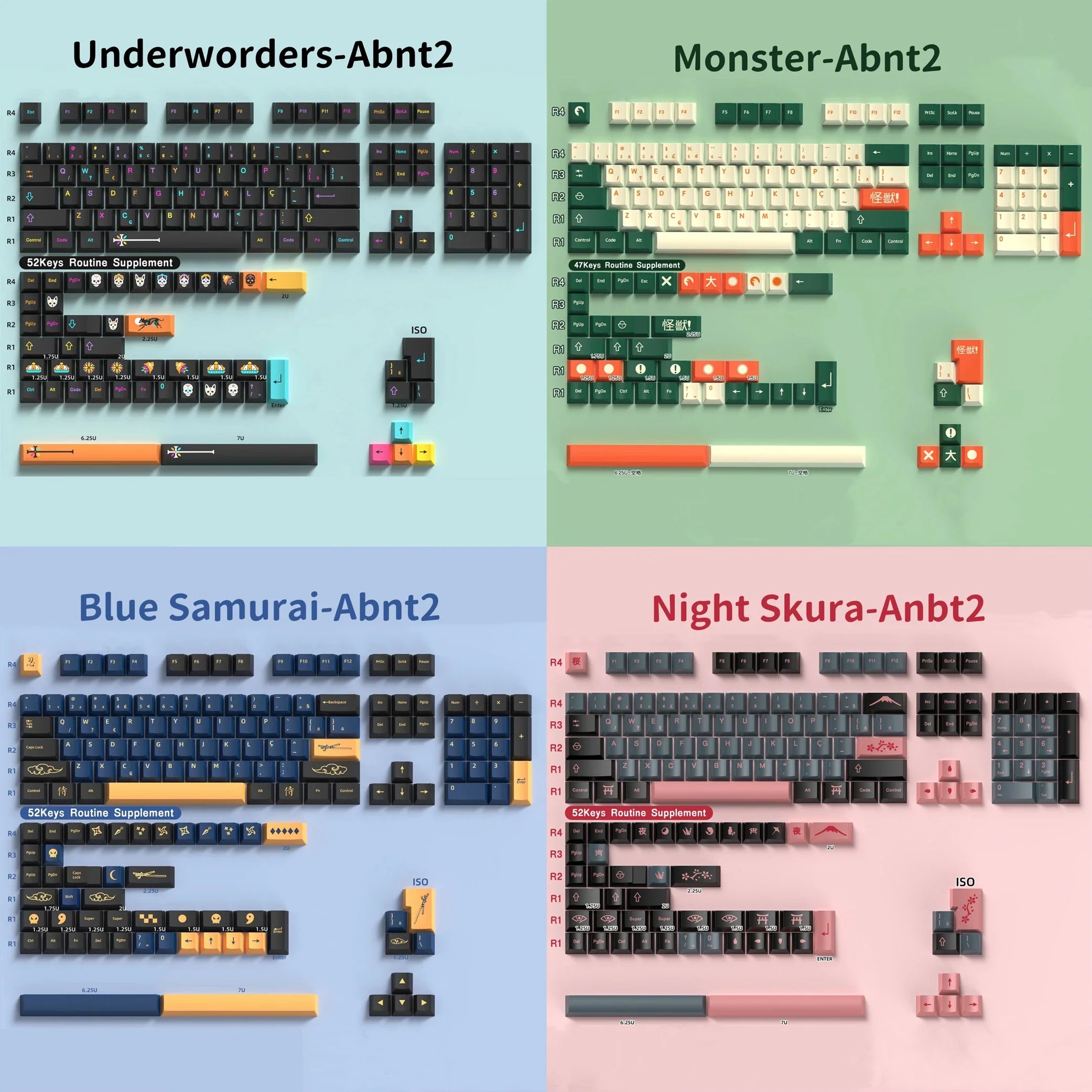 Abnt2 Keycaps Cherry Profile PBT Dye-Sub BR Keycaps Monster Red Samurai Blue Samurai For Mechanical Keyboard 7U Space bar