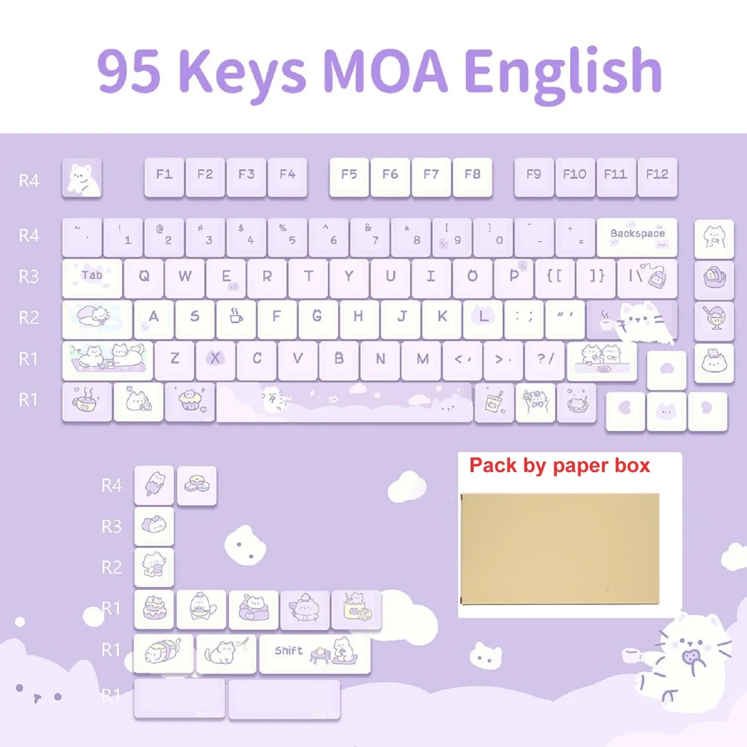 132 Keys Dye Sublimation PBT Keycaps Purple Cute Cat Themed MOT Profile Keycap for Gateron MOA MX Switches Mechanical Keyboard