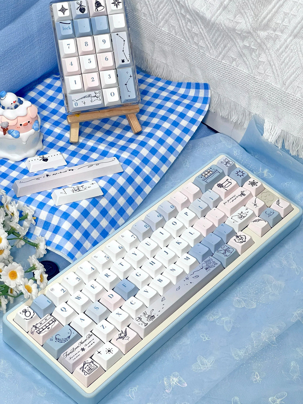 Gentle Snow Keycap Cherry Five-Sided Thermal Sublimation Process Pbt Material Blue White Cute Snowflake Small Full Set Of Keycap