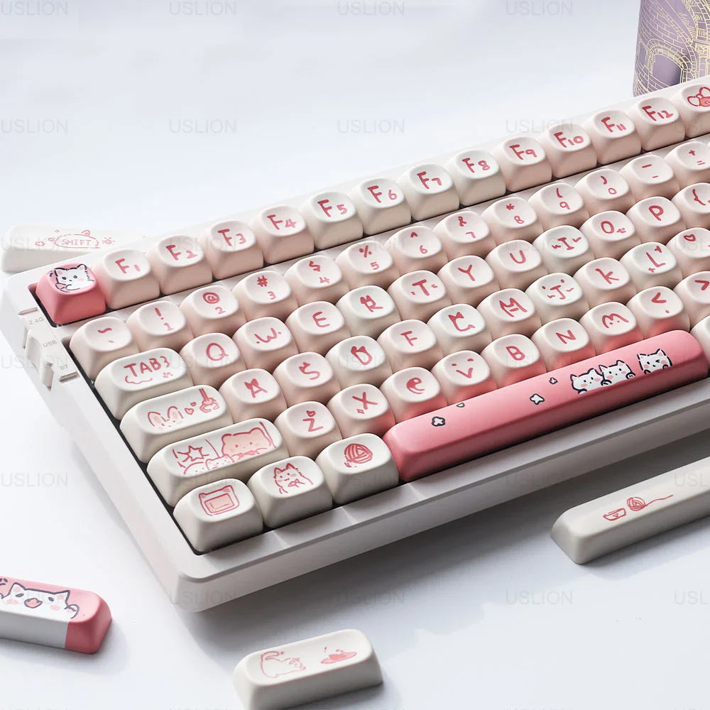 USLION 139Keys Keycaps Pink Meow Cat Theme MOA Profile PBT Kep Caps for 61/64/68/84/75/87/96/104 Keys Gaming Mechanical Keyborad