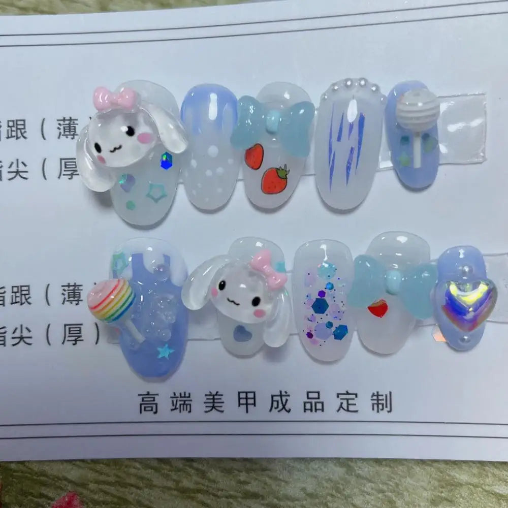 10Pcs Cute 3D Hello Kitty Kuromi Cartoon Handmade Nail Art Fashion Bow Luxury Diamond Detachable Full Cover Nails Holiday Gift