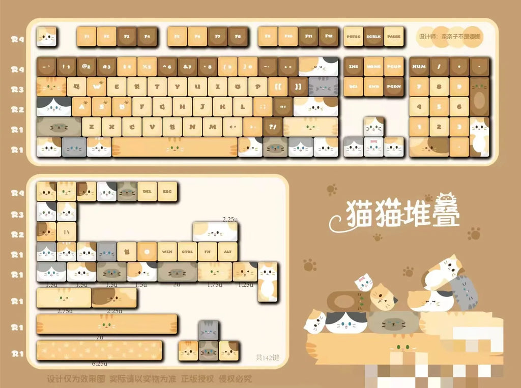 142 Keys Customized Gift Cute Cat keycaps New MAO Keycaps Square Thermal Sublimation Mechanical Keyboard 2.25 U 2.75U for Alice