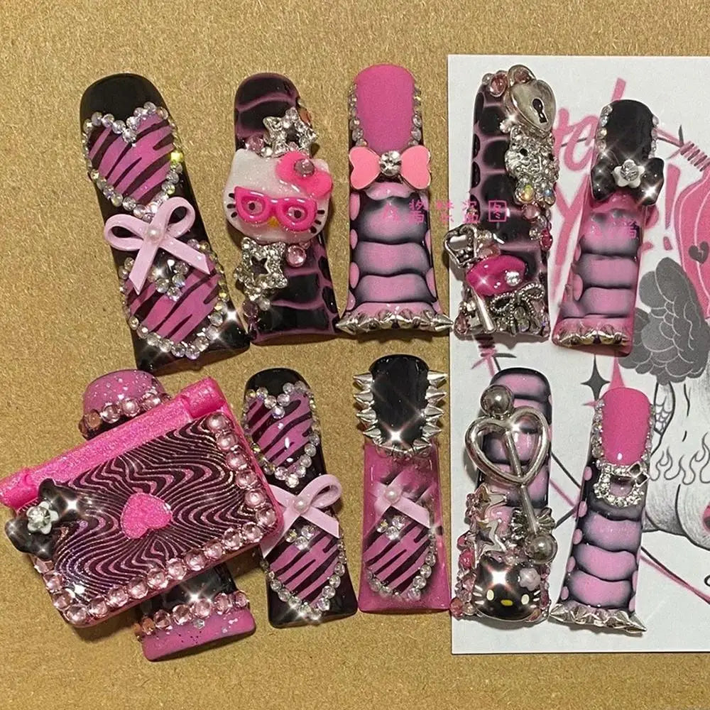 Sanrio Hello Kitty Y2K Nail Cartoon Punk Long Square Handmade Fake Nails Leopard Print Five-Pointed Star Diamond Detachable Nail