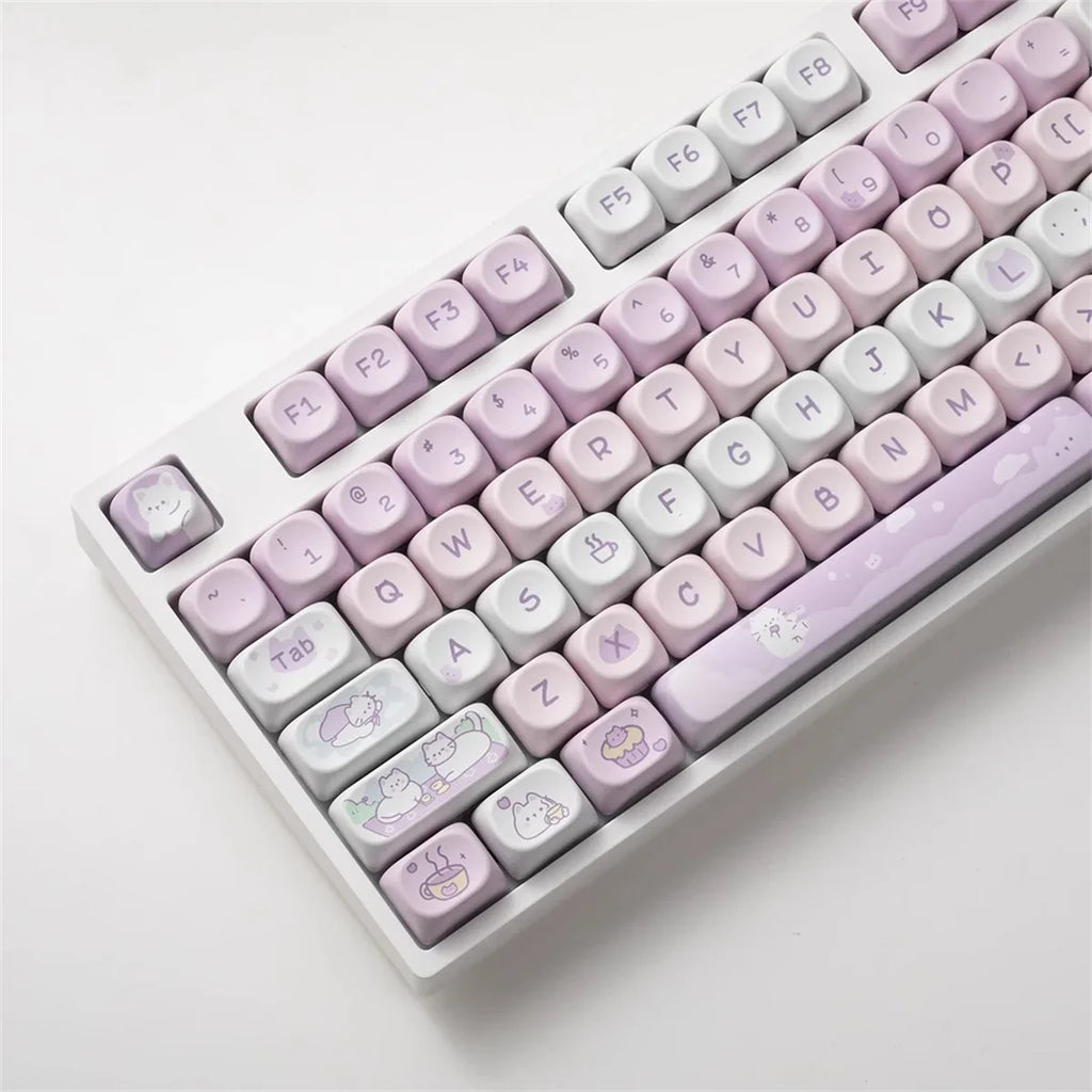 132 Keys Dye Sublimation PBT Keycaps Purple Cute Cat Themed MOT Profile Keycap for Gateron MOA MX Switches Mechanical Keyboard